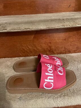 Authentic Chloé Pink Logo Slide Sandals Size 38 U.S. 7.5 Like New Condition